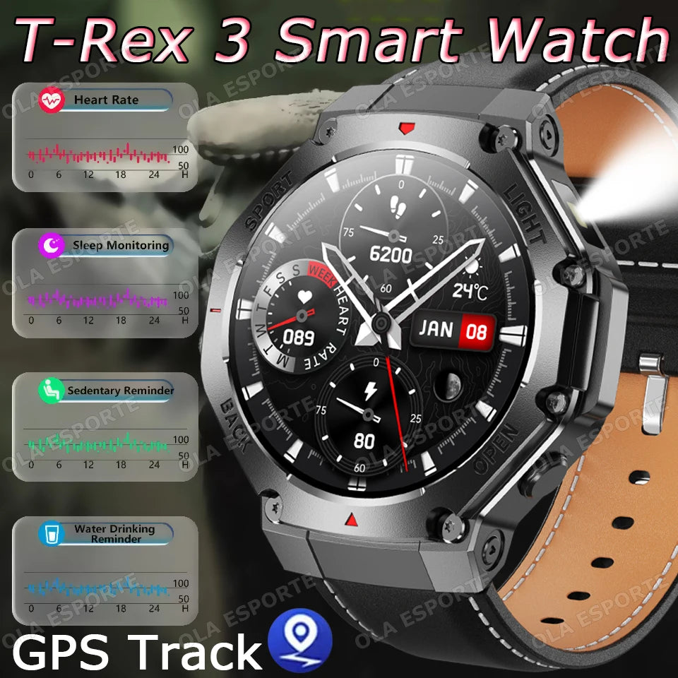 T-Rex 3 GPS Smart Watch 5ATM Waterproof 1.43 inch AMOLED HD Screen BT Call Flashlight Military Sport Smartwatches Men 2025 New