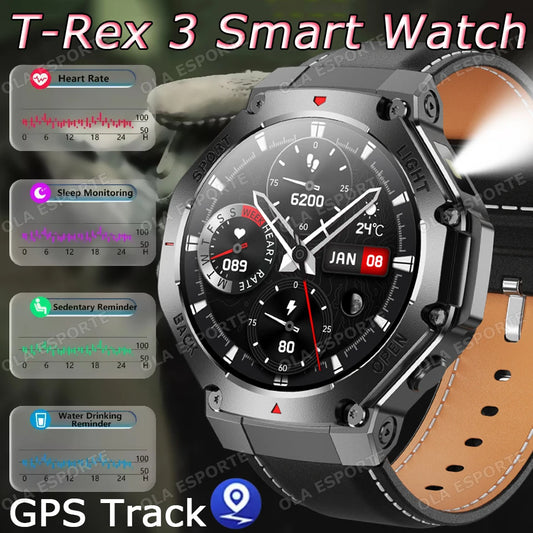 T-Rex 3 GPS Smart Watch 5ATM Waterproof 1.43 inch AMOLED HD Screen BT Call Flashlight Military Sport Smartwatches Men 2025 New