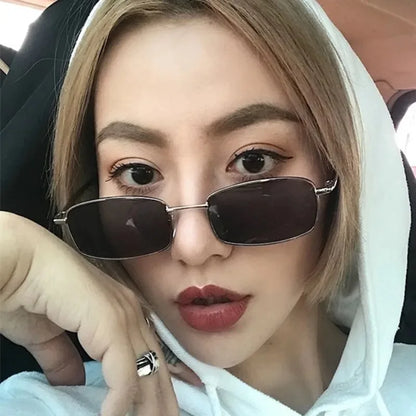Retro Metal Small Square Glasses Women Men Silver Black Narrow Frame Sunglasses Simple Versatile Sunglasses Fashion Accessories