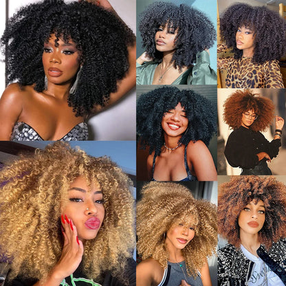 Curly Afro Wigs for Black Women Synthetic Afro Kinky Curly Wig with Bangs Heat Resistan Short Kinky Curly Wigs for Daily Party