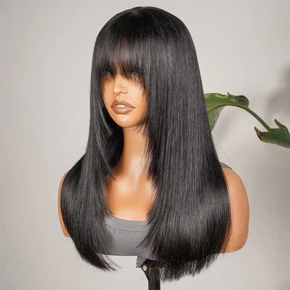 Alipearl Hair Glueless Layered Cut Wig Straight 5*7 Lace Front Wig Natural Black Human Hair Short Wig With Fringe Bangs