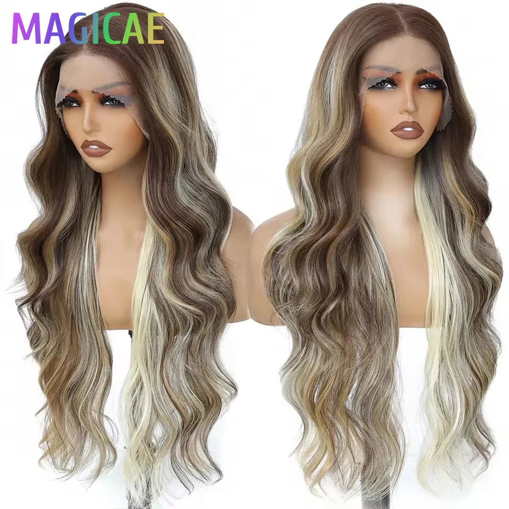 30Inches 13x4 Lace Frontal Heat Resistant Bio Synthetic Body Wave Wigs Ombre Blond 613 Swiss Transparent Lace Lace Front Wigs