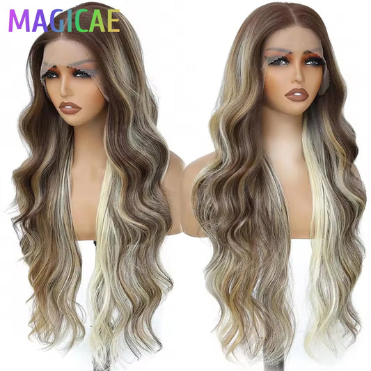 30Inches 13x4 Lace Frontal Heat Resistant Bio Synthetic Body Wave Wigs Ombre Blond 613 Swiss Transparent Lace Lace Front Wigs