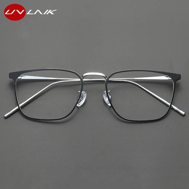 UVLAIK Simple Glasses Frame Men Ultralight Metal Square Anti Blue Light Transparent Lens High Quality Eyeglasses