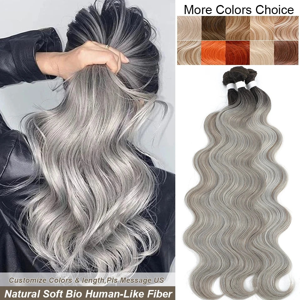 26 Inches Ombre Brown Blond 27/613 Body Wave Sliver White Gray Bundles Hair Weave High Temperature Synthetic Fake Hair Extension