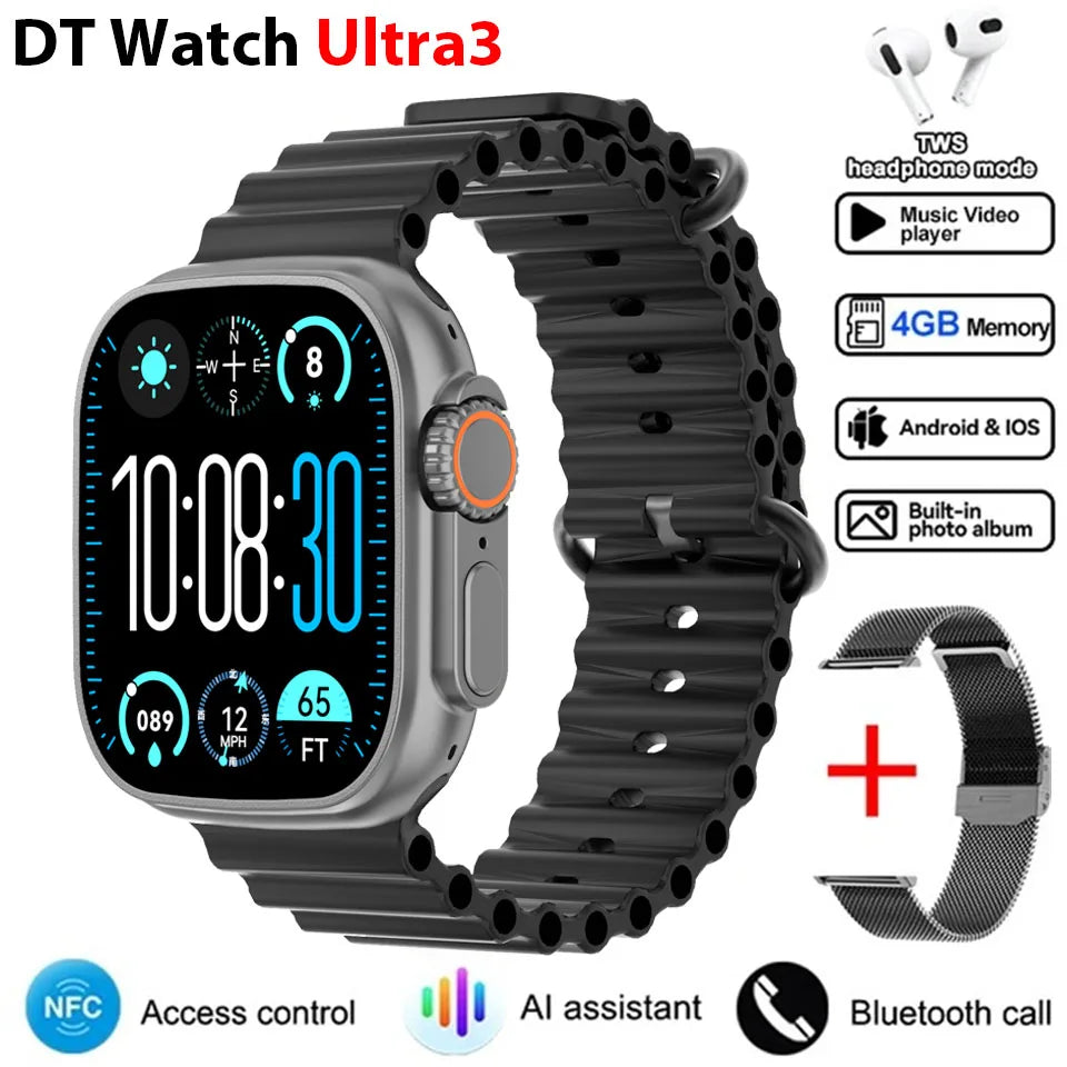 2025New DT Ultra 3 Pro Google map NFC Smartwatch 32G Memory Music Video NFC Bluetooth Call Waterproof Smartwatch For Android iOS