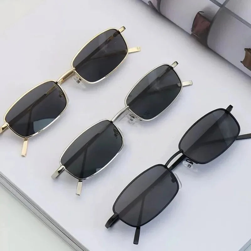 Retro Metal Small Square Glasses Women Men Silver Black Narrow Frame Sunglasses Simple Versatile Sunglasses Fashion Accessories