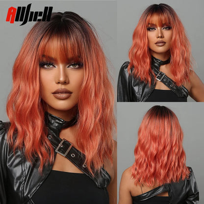 Short Copper Ginger Synthetic Natural Wavy Wigs Hair Orange Halloween Bob Wig with Bangs Heat Resistant for Women Cosplay Wig