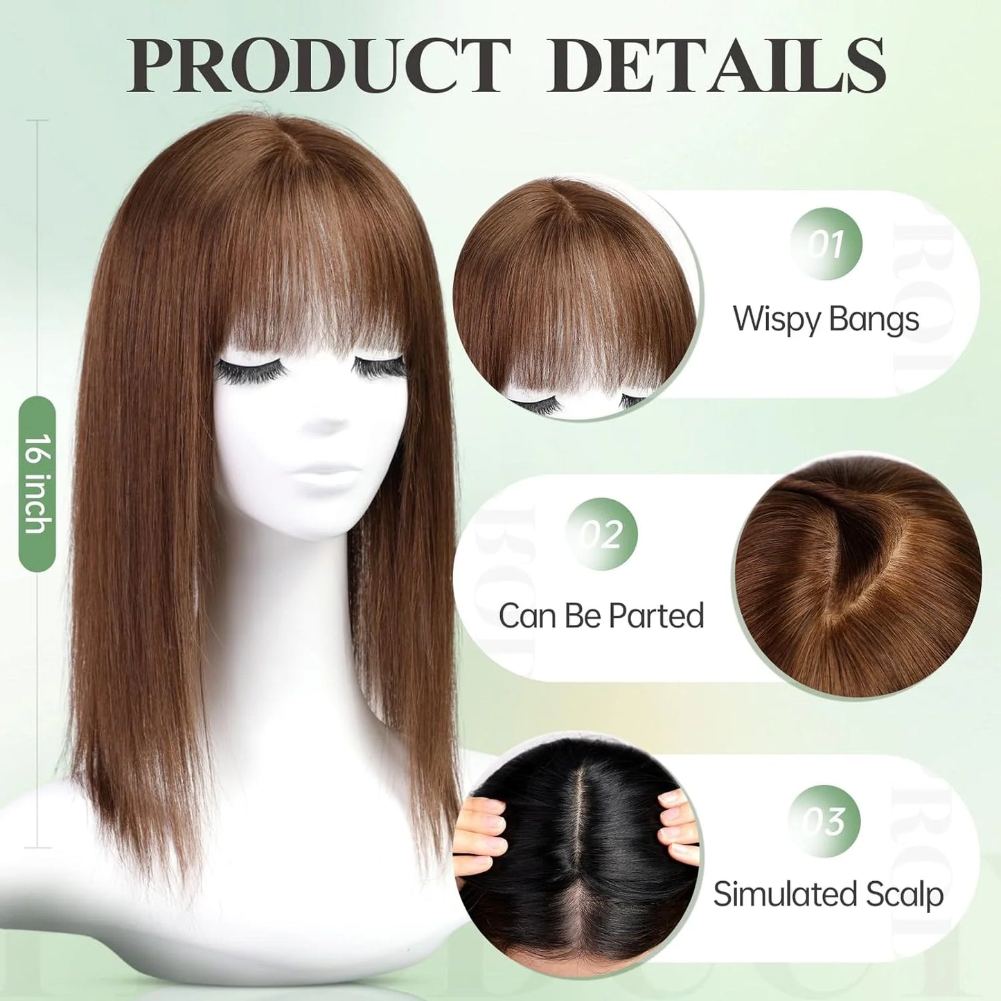 9x9inch Large Base Hair Pieces Dark Brown Human Hair Toppers 16 inch Toppers for Women with Multiple Non-slip Clips