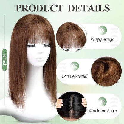 9x9inch Large Base Hair Pieces Dark Brown Human Hair Toppers 16 inch Toppers for Women with Multiple Non-slip Clips