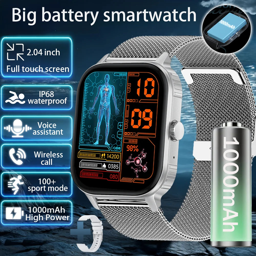 2025 new smart watch 1000MAH 2.04 inch ultra HD screen all day health heart rate detection 70+ sports IP68 waterproof BT call