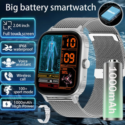 2025 new smart watch 1000MAH 2.04 inch ultra HD screen all day health heart rate detection 70+ sports IP68 waterproof BT call