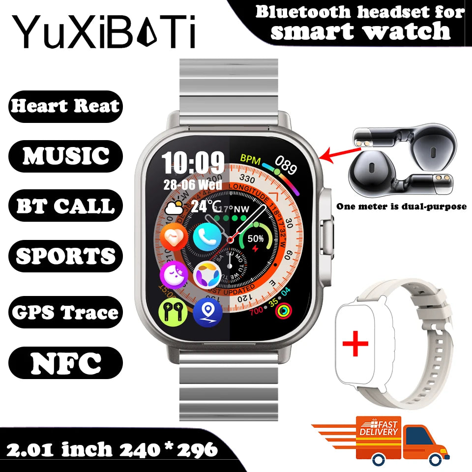 2025 Smart Watch 2 in 1 With Earphone Smartwatch Bluetooth Call NFC Men Watch GPS Track Heart Rate Monitor Play Music SmartWatch