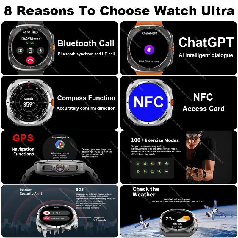 2025 New Watch Ultra Official Original Smartwatch 47mm AMOLED ChatGPT GPS NFC Compass Clock Bluetooth Call Smart Watch Men Women