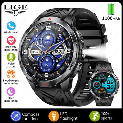 LIGE New 1100mAh Large Capacity Battery Smart Watch Men Sports LED Flashlight Compass 3ATM Waterproof Bluetooth Call Smartwatch