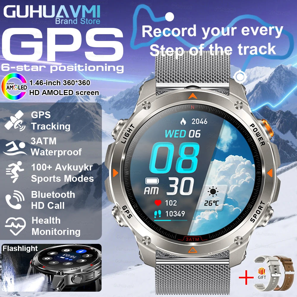 2025New Outdoor Military Smart Watch Bulit-in GPS Compass Altimeter Barometric 3ATM Waterproof AMOLED Bluetooth Call Smart Watch