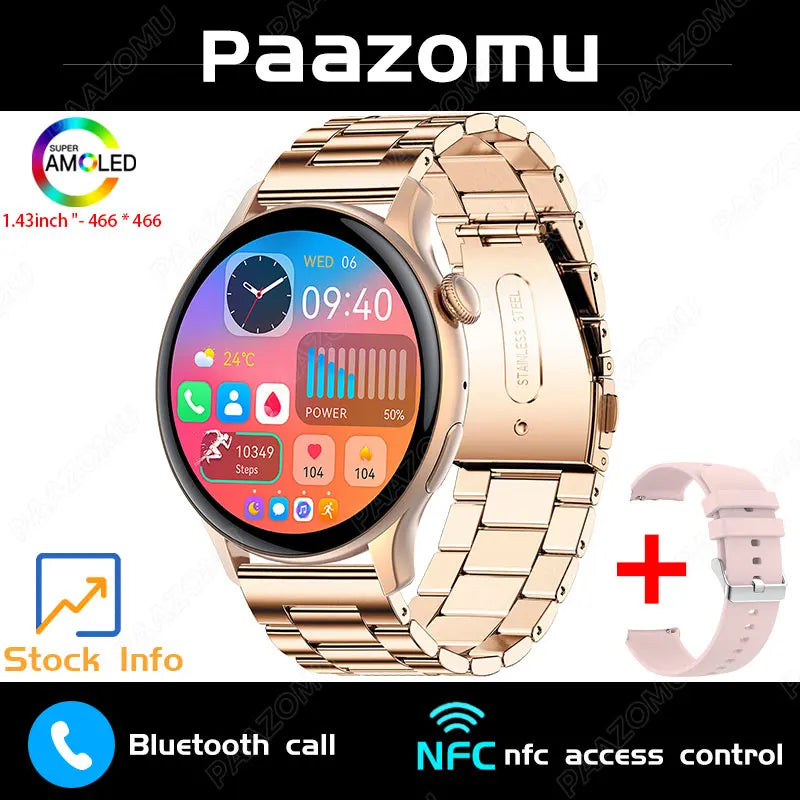 New Smart Watch Women 466*466 AMOLED Screen Always Display Time NFC Bluetooth Call Fashion IP68 Waterproof Sports Men Smartwatch