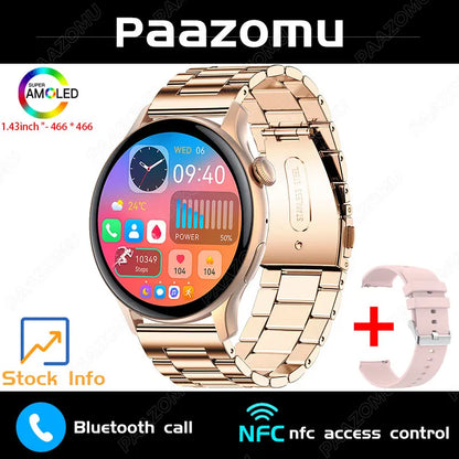 New Smart Watch Women 466*466 AMOLED Screen Always Display Time NFC Bluetooth Call Fashion IP68 Waterproof Sports Men Smartwatch