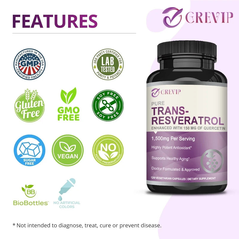 Trans-Resveratrol - Supports Brain Function, Promotes Joint and Heart Health, and Fights Aging