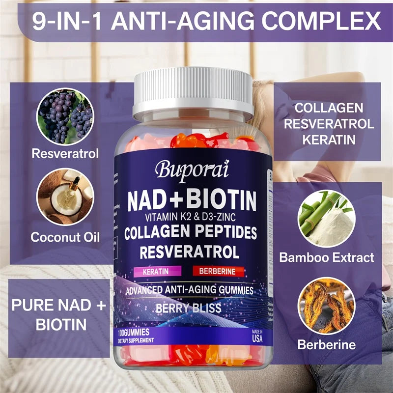 NAD+, Resveratrol, Berberine, & Biotin Anti-Aging Gummies - Detoxifies, Boosts Energy, Promotes Cell and Skin Health