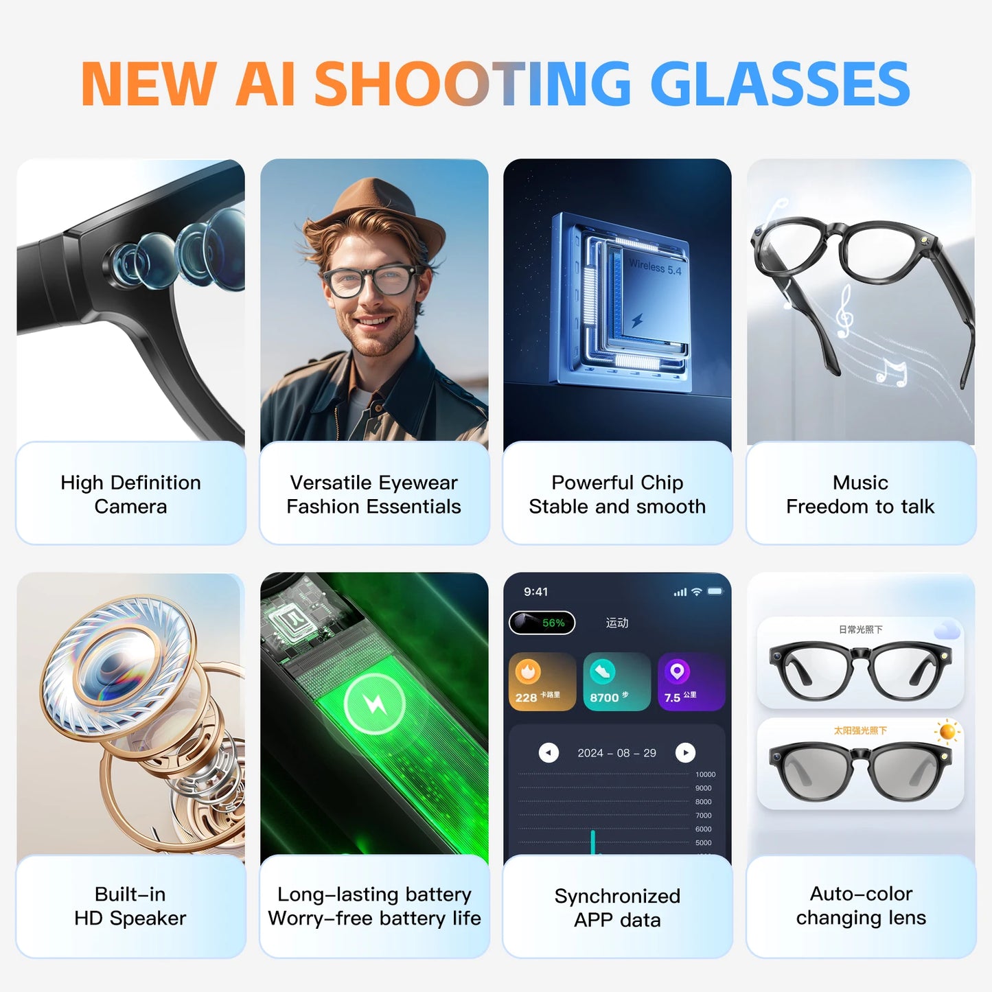 LIGE 200W Video Shoot Camera Smart Glasses Open Ear Sound Speakers Bluetooth Calling Wearable Smart Photochromic Lens Sunglasses