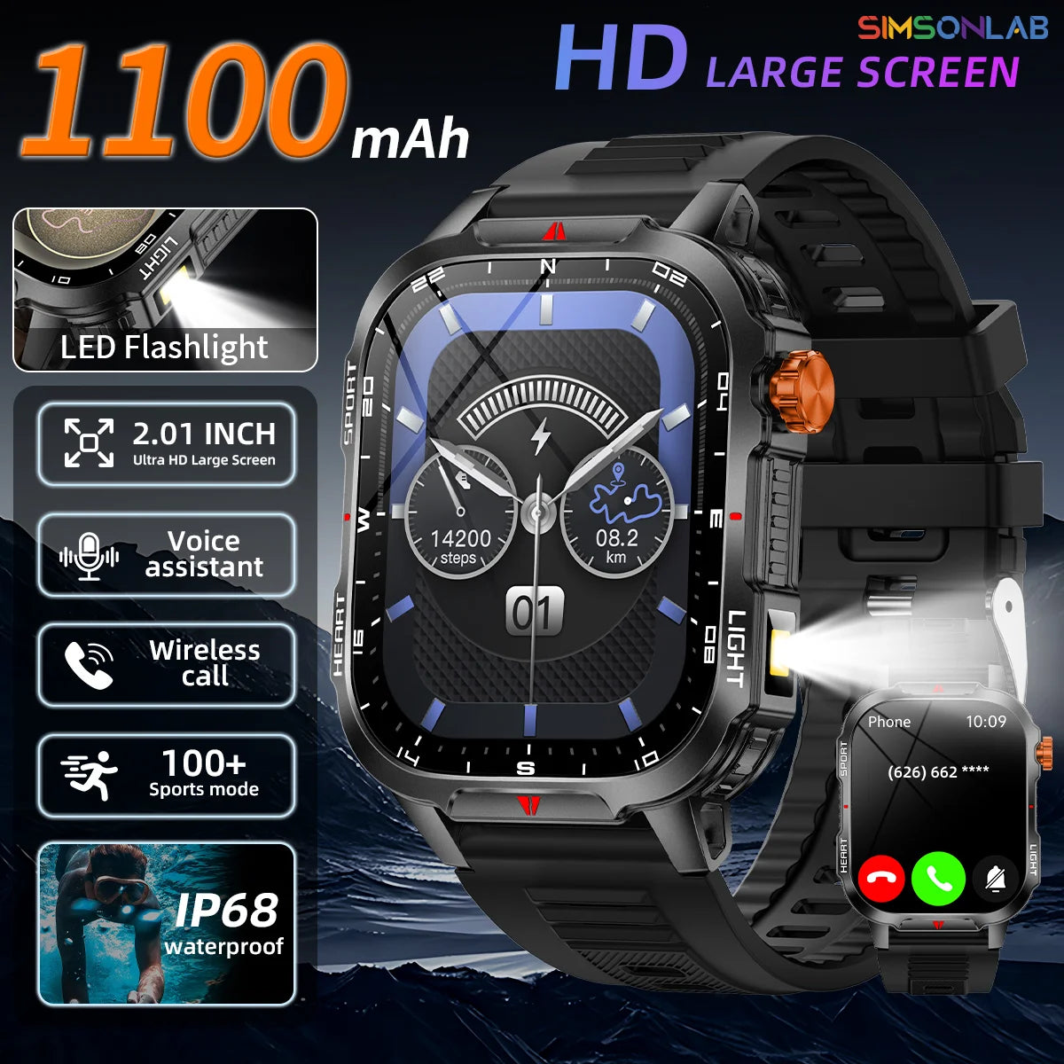 2025 New Smart Watch Voice Assistant 2.01"HD Screen Bluetooth Call Waterproof 1100mAh Big Battery Compass Outdoor Sport Watches