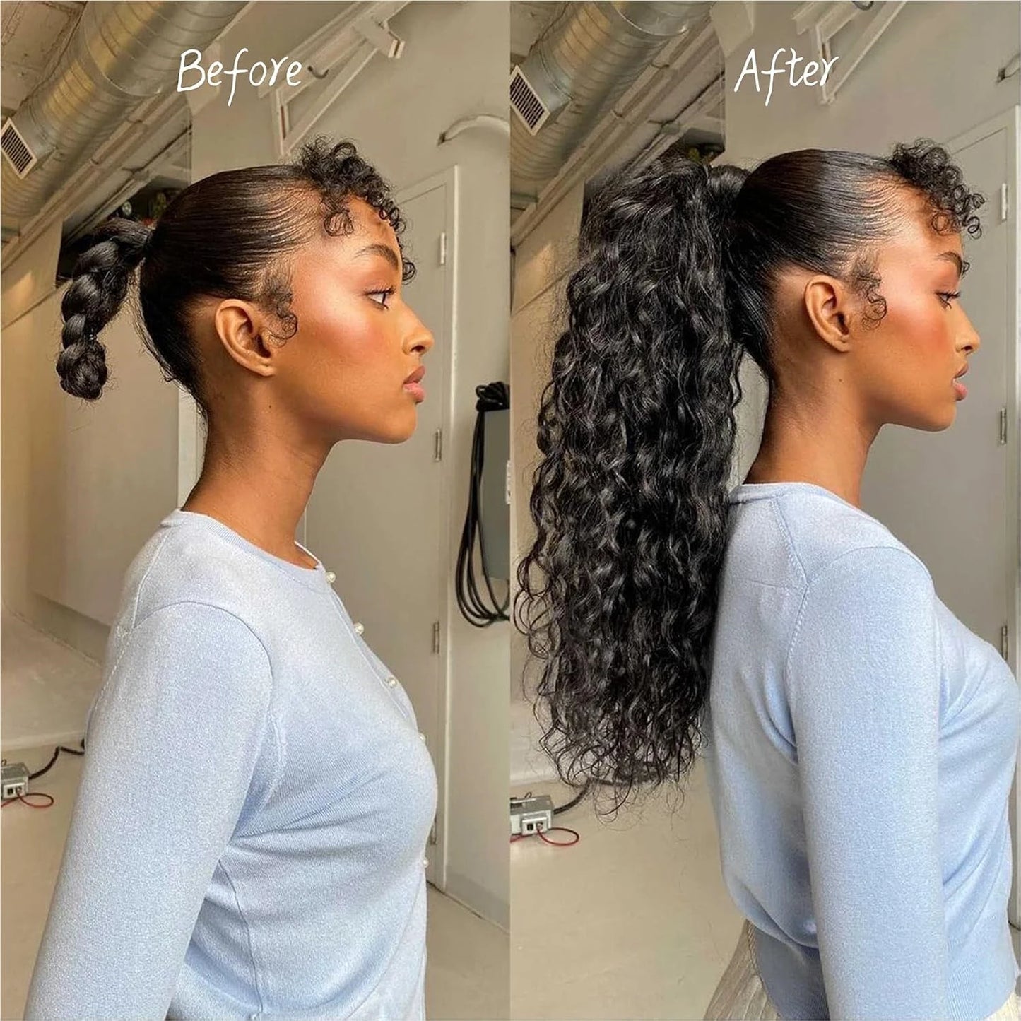 Curly Drawstring Ponytail Clip In Hair Extensions Brazilian Human Hair Ponytail Wig Water Wave   Hairpiece False Deep Wave 1 Pc