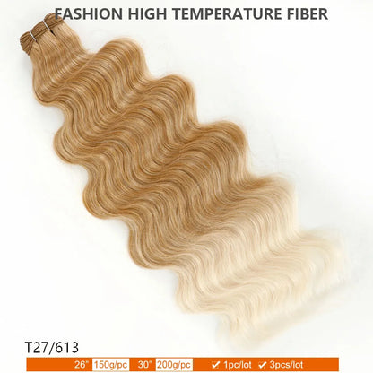 30Inches 200grams Blond Ombre 27/613 Brown Body Wave Synthetic Hair Weave Bundles Soft Bio Human-Like Heat Resistant Ponytail