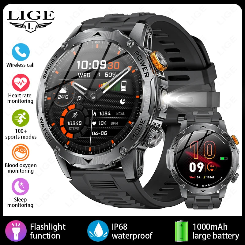 LIGE New Smart Watch Men 1000mAh Large Capacity Battery Outdoor Flashlight Bluetooth Call Waterproof Sport Fitness Smartwatch