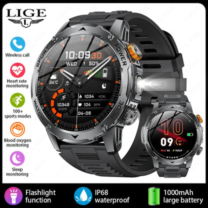 LIGE New Smart Watch Men 1000mAh Large Capacity Battery Outdoor Flashlight Bluetooth Call Waterproof Sport Fitness Smartwatch