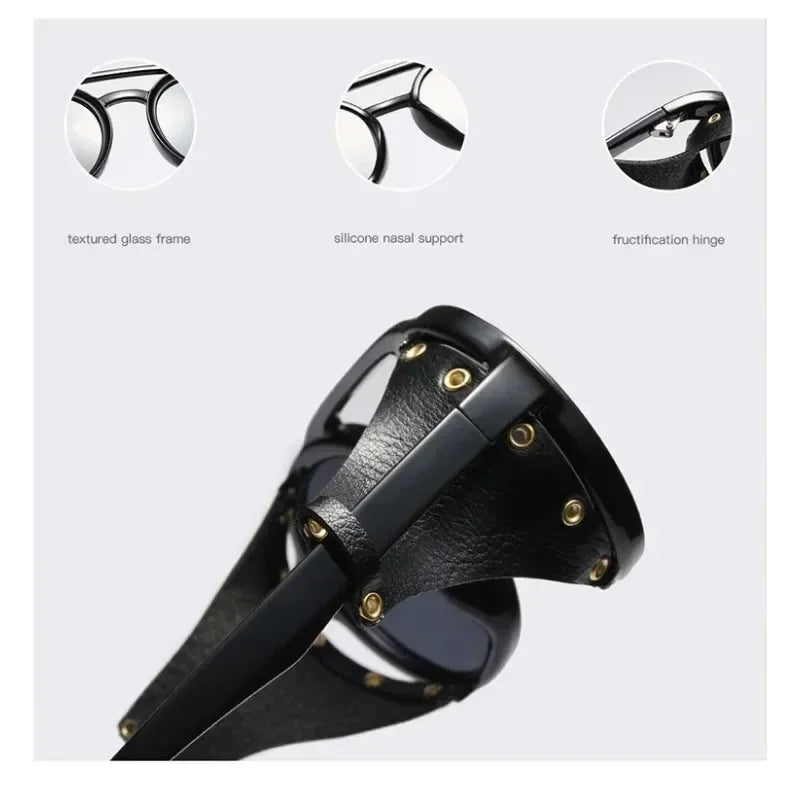 Steampunk Shields Sunglasses Men Women Classic SunGlasses With Side Leather Round Eyewear Pink UV400 Lens