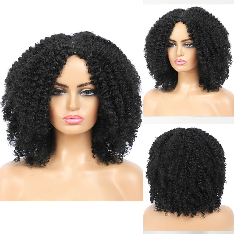 MSIWIGS Women's Short Afro Kinky Curly Wigs Ombre Brown Synthetic Middle Part Nature Hair Black Daily Party Headgear with Clips