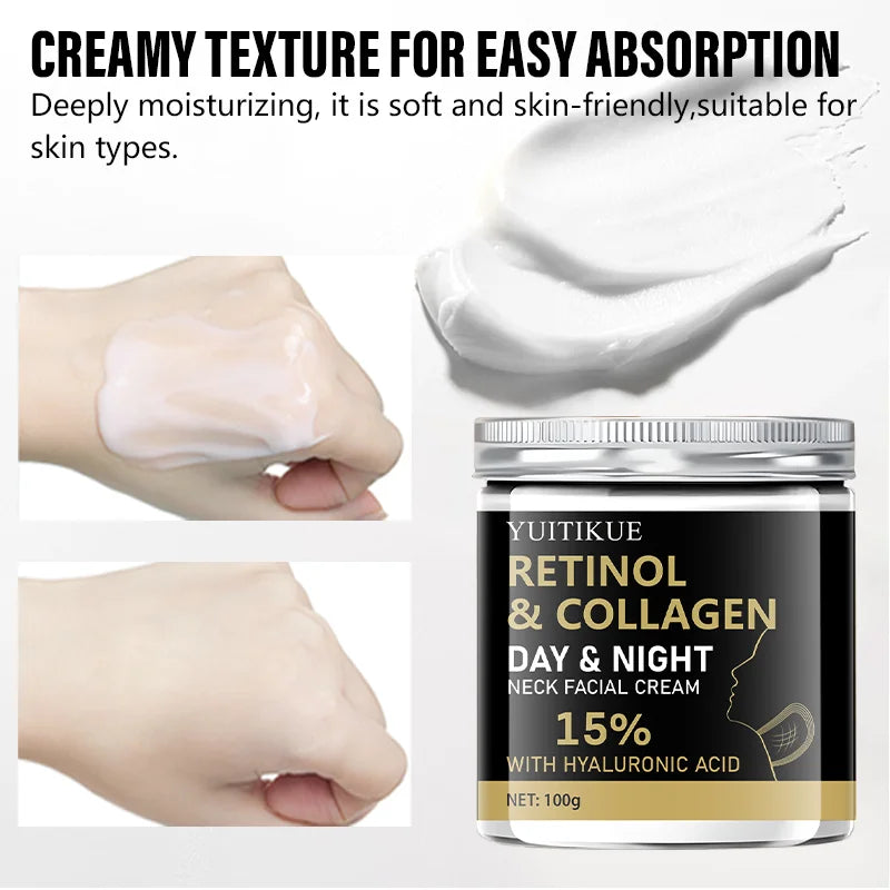 YUITIKUE Retinol Collagen Neck Cream 100g - 15% Retinol & Hyaluronic Acid, Day & Night Moisturizing, Firms & Lifts Neck Skin