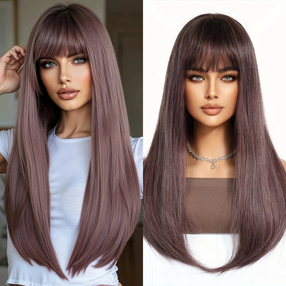 Medium Length Straight Wigs Gray Layered Synthetic Wigs With Bangs For Women Party Cosplay Natural Heat Resistant Fake Hair