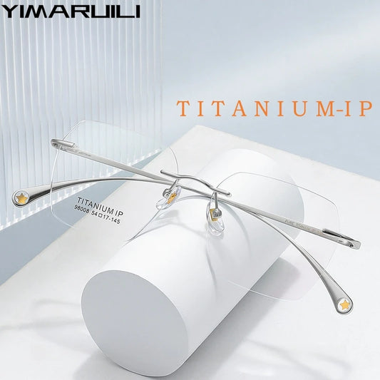 YIMARUILI Ultra-light Fashion Polygonal Luxury Myopia Eyewear Men Retro Pure Titanium Optical Prescription Rimless Glasses Women