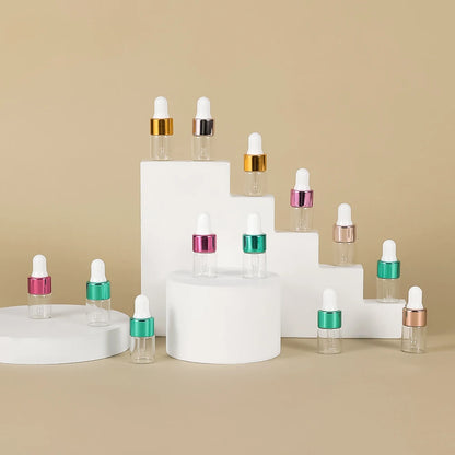 10pcs 2ml Empty Glass Dropper Bottle,Leakproof Essential Oils Sample Liquid Perfume Container for Storage Travel, 4 Colors