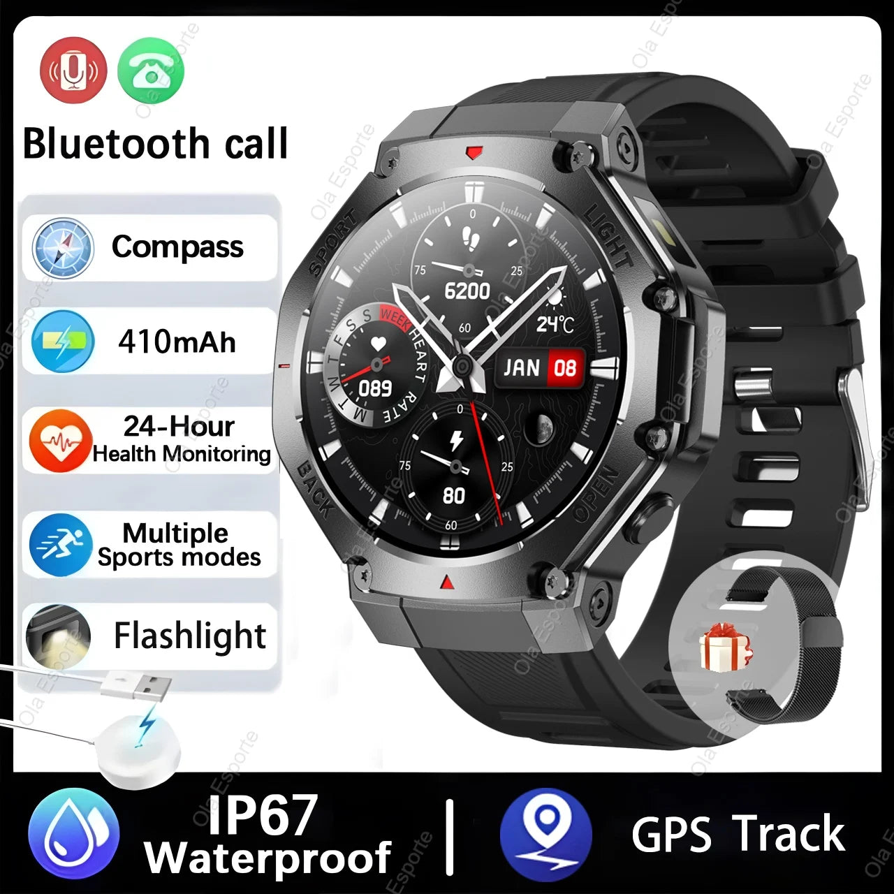 T-Rex 3 GPS Smart Watch 5ATM Waterproof 1.43 inch AMOLED HD Screen BT Call Flashlight Military Sport Smartwatches Men 2025 New