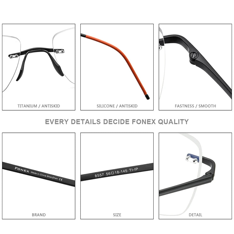 FONEX Pure Titanium Glasses Frame Men Brand Design Rimless Square Eyeglasses Women Frameless Japanese Ultralight Eyewear 8557