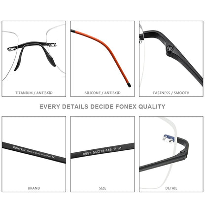 FONEX Pure Titanium Glasses Frame Men Brand Design Rimless Square Eyeglasses Women Frameless Japanese Ultralight Eyewear 8557