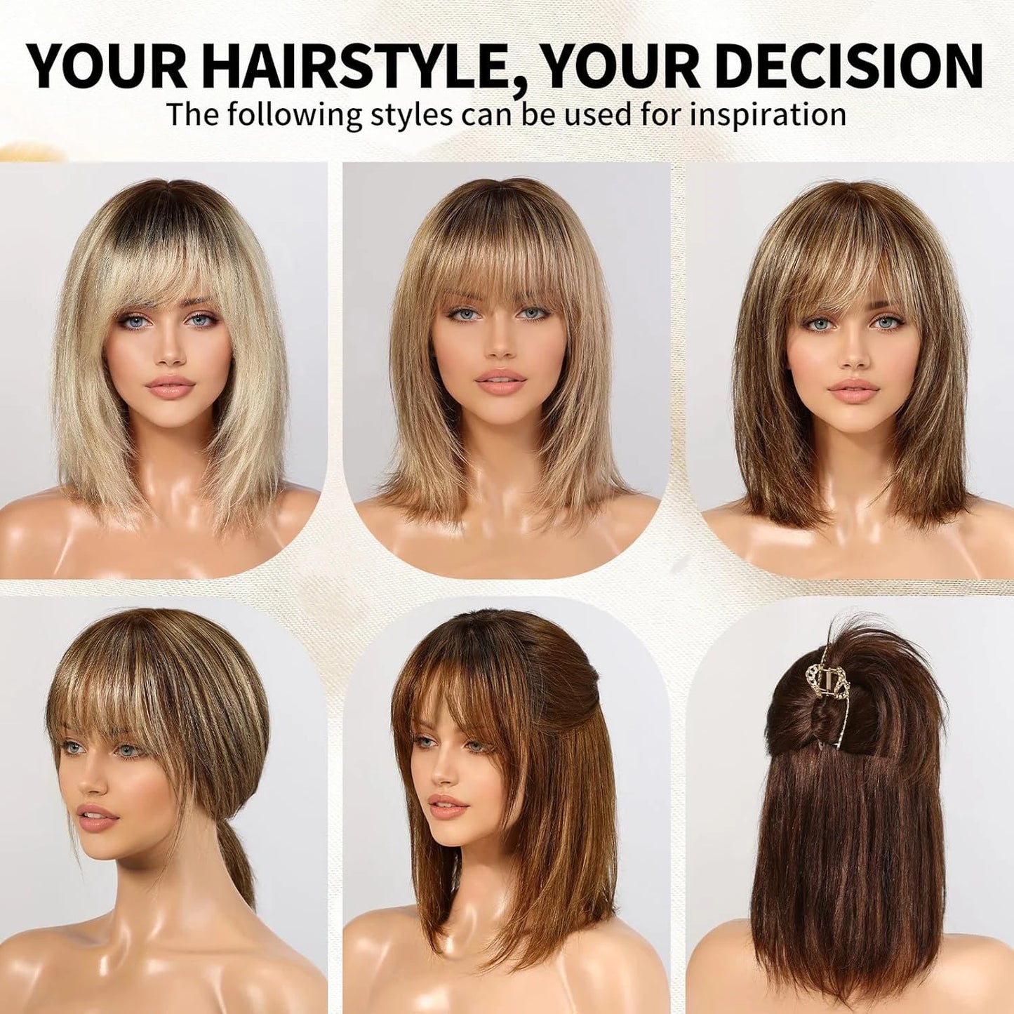 12 Inch Ombre Brown Wigs Human Hair for Women Short Straight Remy Human Hair Wigs With Bangs Brown Natural Hair Real Human Hair