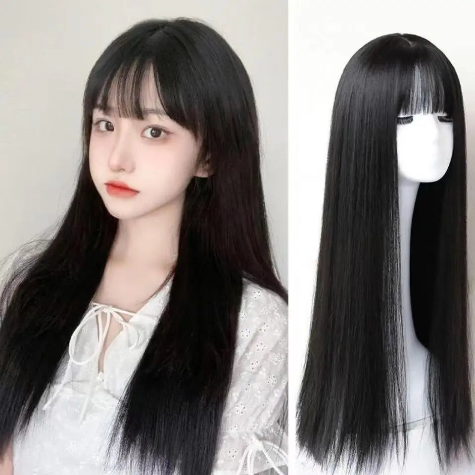 28in Long Black Straight Wig with Air Bangs for Women Heat Resistant Fashion Elegant Synthetic Wig for Cosplay and Daily Party