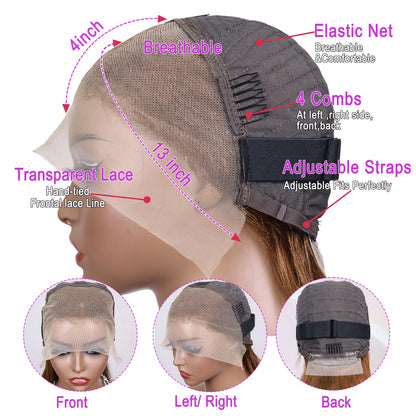 16Inch Chocolate Brown Straight Bob Wig 13X4 Lace Frontal Wig Natural Hairline Lace Front  Short Wig Human Hair 100% Pre Plucked