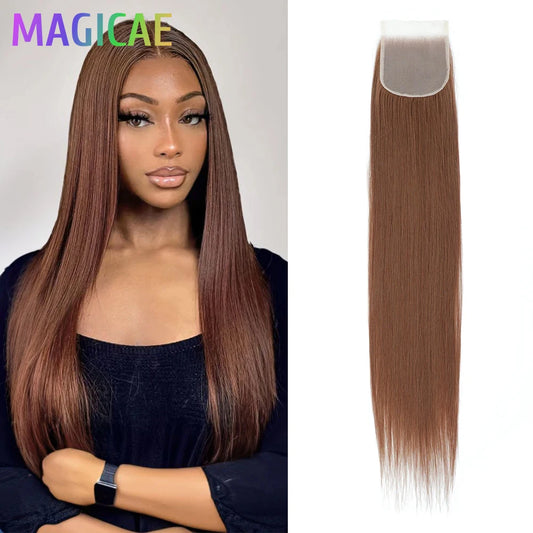 22inches Straight 4X4 Lace Closure Ombre Blond 27/613 Brown High Temperature Synthetic Heat Resistant Fiber Pre-Plucked Closure