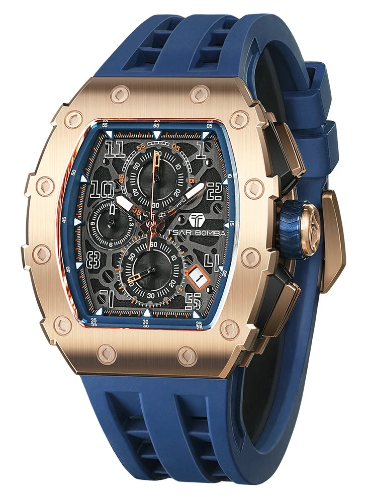TSAR BOMBA Watch for Men Luxury Brand Tonneau Design Waterproof Clock Stainless Steel Wristwatch Fashion Rectangle Mens Watch