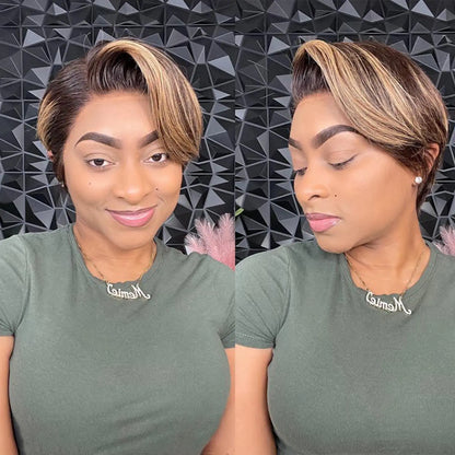 Hightlight Pixie Cut Wig P427 Transparent Lace Human Hair 13×4 Straight Human Hair Wigs Short Bob Wig For Women Natural Hairline