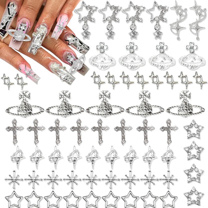 75PCS Cross Nail Charms Silver 3D Star Charms and Gems Saturn Planet Nail Art Jewelry Multi Style Nail Rhinestones for Nails