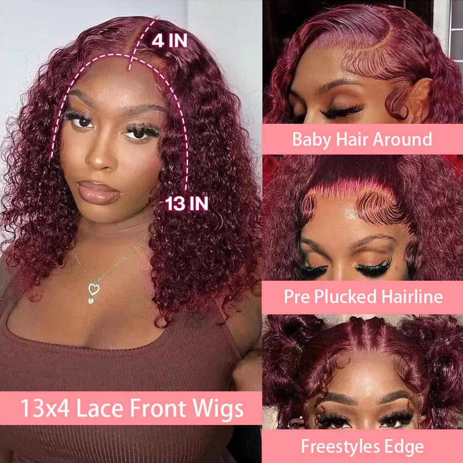 200% Density 99J Burgundy Short Deep Water Wave 13x4 Lace burgundy HD lace deep wave short bob wigs human hair wigs 16 inches