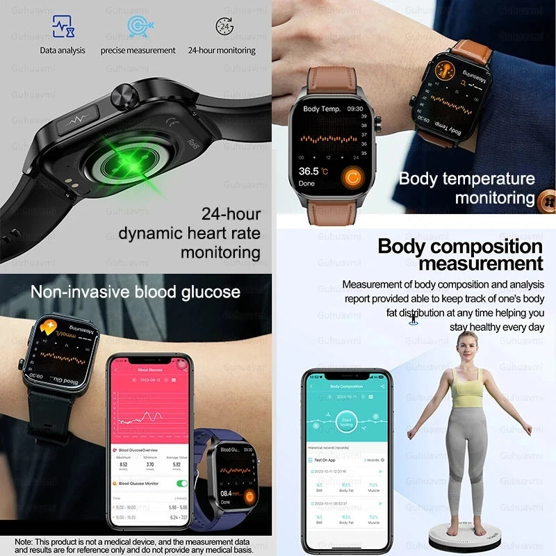 New Blood Glucose Health Smartwatch Men ECG+PPG Blood Pressure Lipids Uric Acid Sport Bluetooth Call IP67 Waterproof Smart Watch