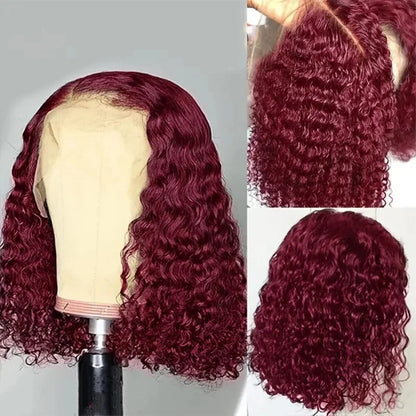 200% Density 99J Burgundy Short Deep Water Wave 13x4 Lace burgundy HD lace deep wave short bob wigs human hair wigs 16 inches