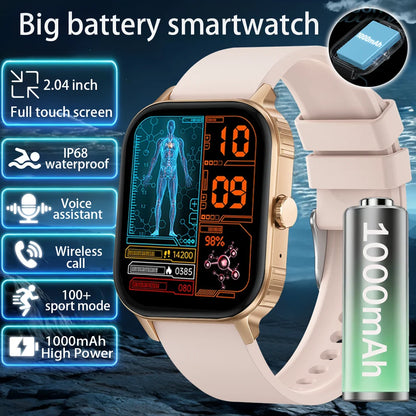 2025 new smart watch 1000MAH 2.04 inch ultra HD screen all day health heart rate detection 70+ sports IP68 waterproof BT call